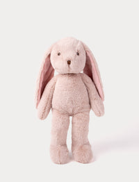 Pink plush bunny toy on a white background