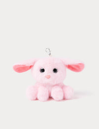 Pink plush toy with a keychain clip on a white background