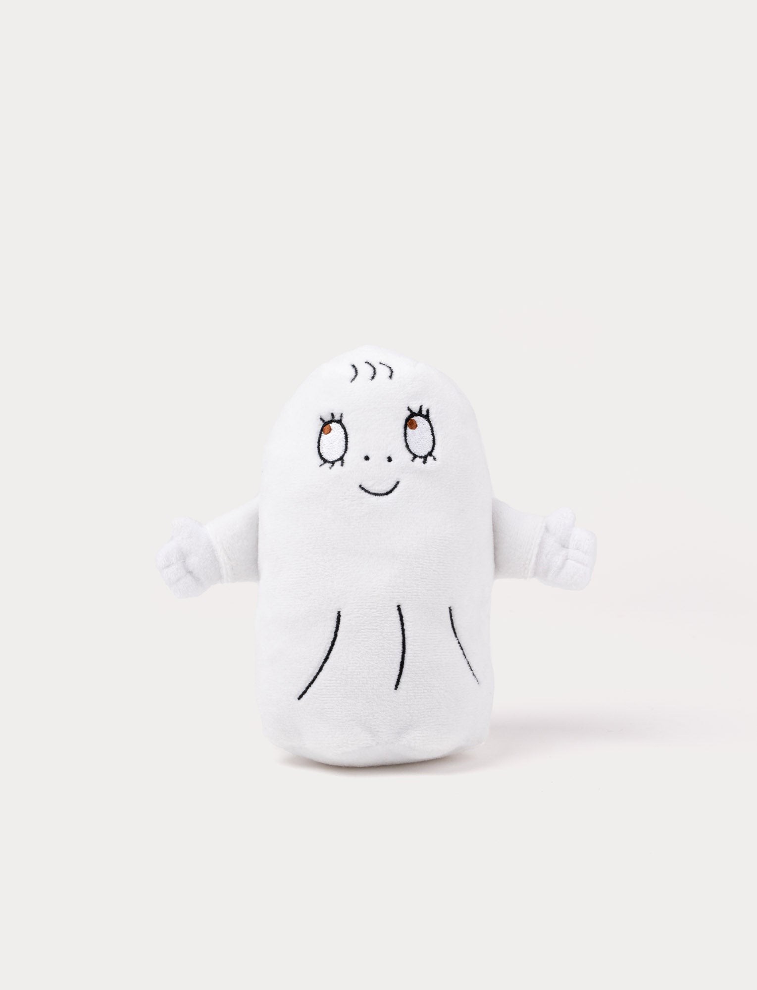  Image of Soft white plush toy of the Ghost Laban with embroidered eyes, smile, and simple black line details. Glow-in-the-dark