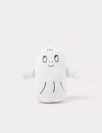 Soft white plush toy of the Ghost Laban with embroidered eyes, smile, and simple black line details. Glow-in-the-dark