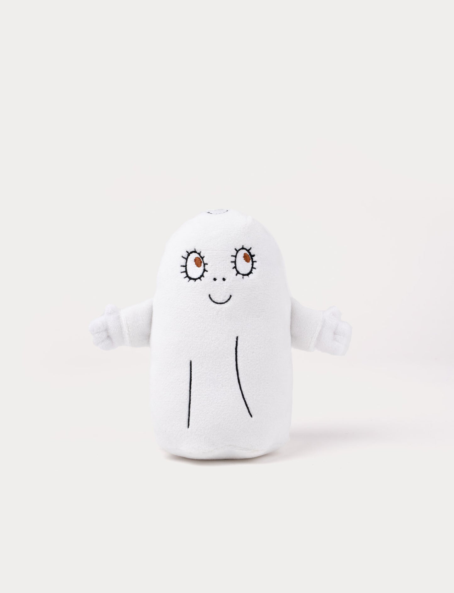 Soft white plush toy of Labolina from The Little Ghost Laban, featuring embroidered facial details and outstretched arms. Glow-in-the-dark