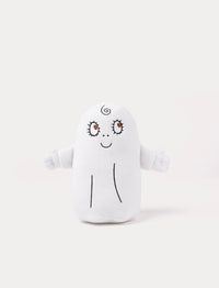 Soft white plush toy of Labolina from The Little Ghost Laban, featuring embroidered facial details and outstretched arms. Glow-in-the-dark