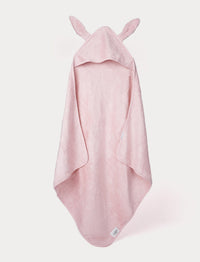 Pink baby hooded towel with bunny ears on a white background