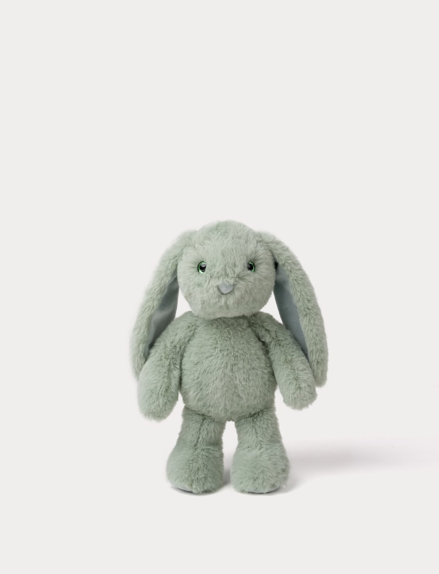 Green plush bunny toy on a white background
