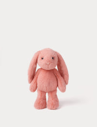 Pink plush bunny toy on a white background