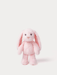 Pink plush bunny toy on a white background