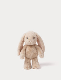 Beige plush bunny toy on a white background