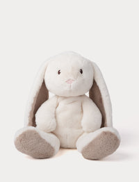 Plush toy rabbit with white fur and brown ears on a light background