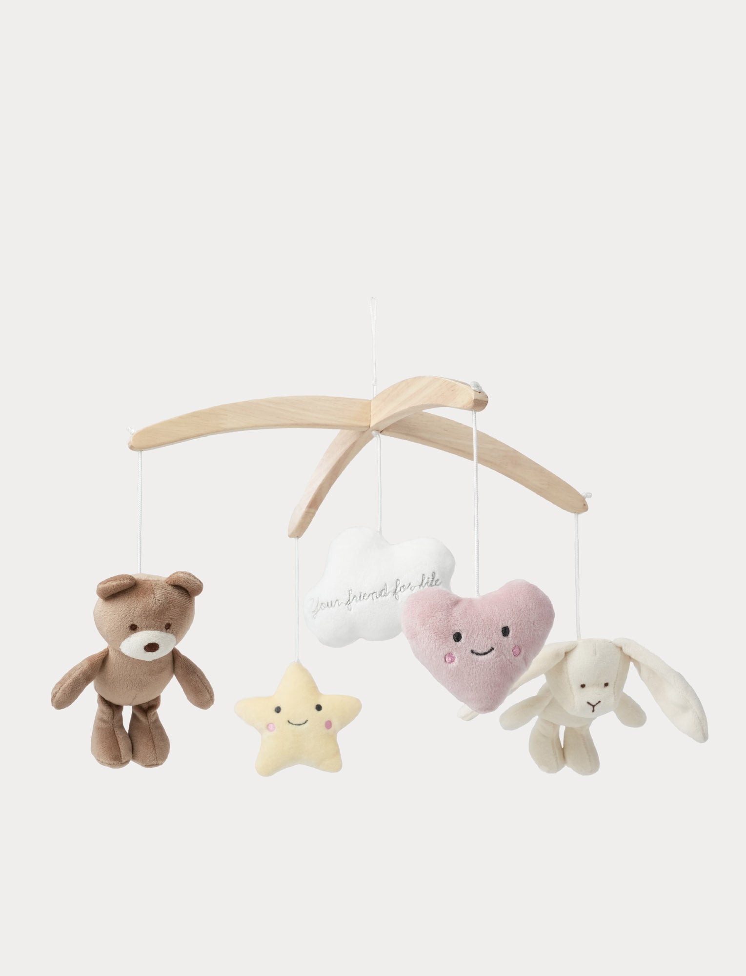  Image of Baby mobile with teddy bear, star, heart, and bunny on a white background