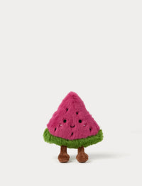 Fuzzy watermelon-shaped toy with smiling face