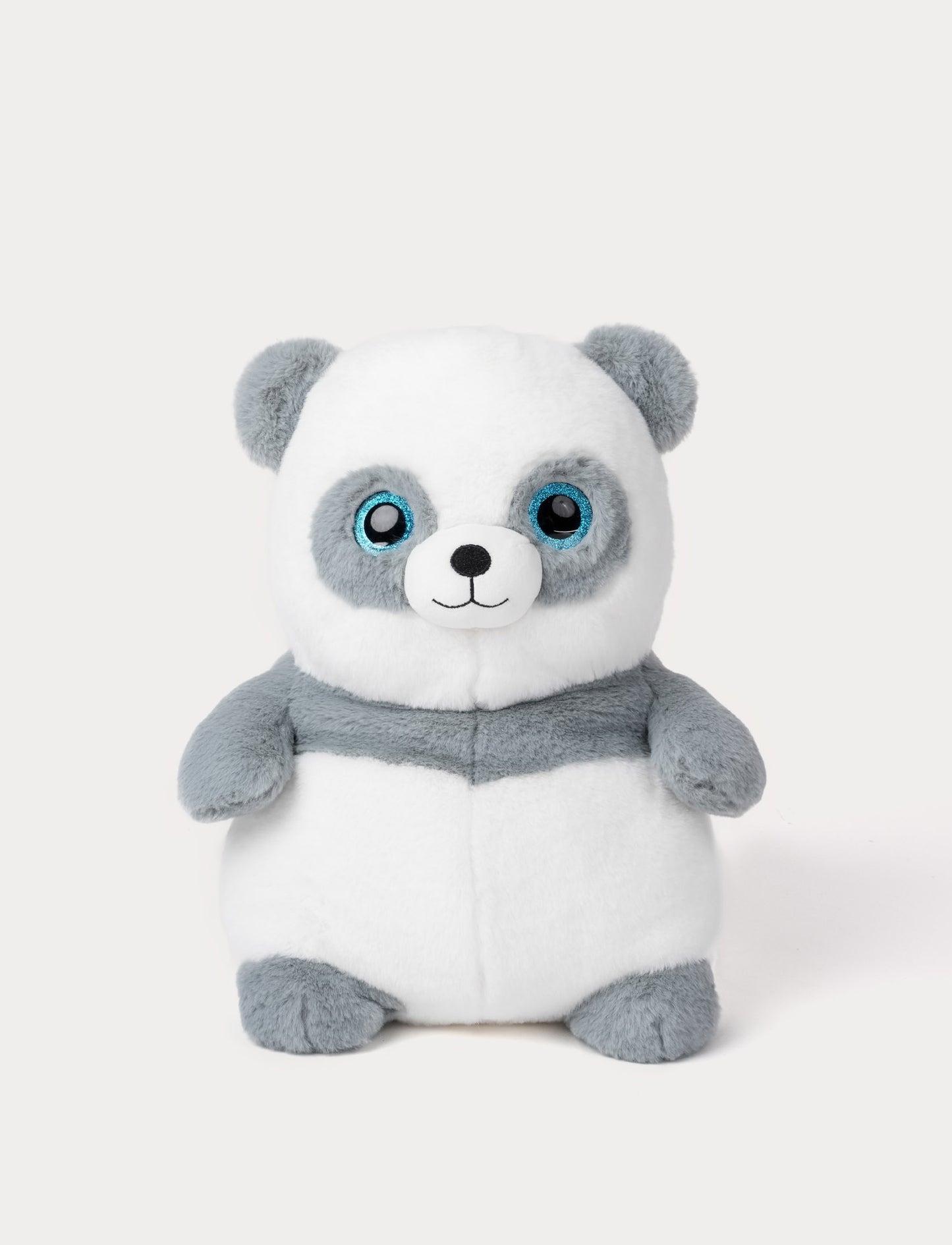 Plush toy panda with gray arms and ears on a white background