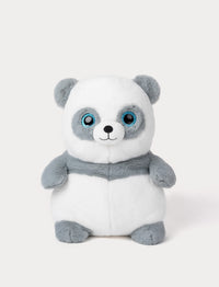 Plush toy panda with gray arms and ears on a white background