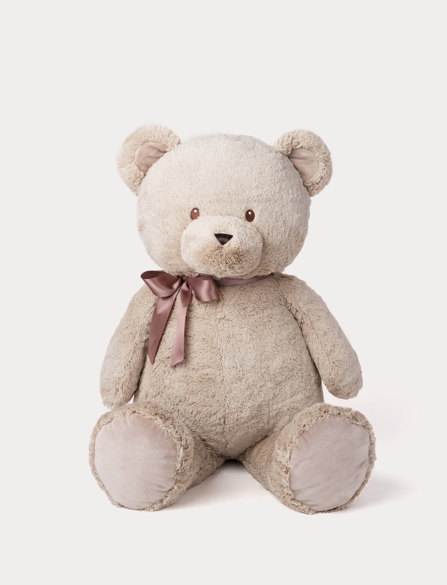  Image of Beige teddy bear with a satin brown bow tie on a white background