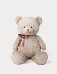 Beige teddy bear with a satin brown bow tie on a white background